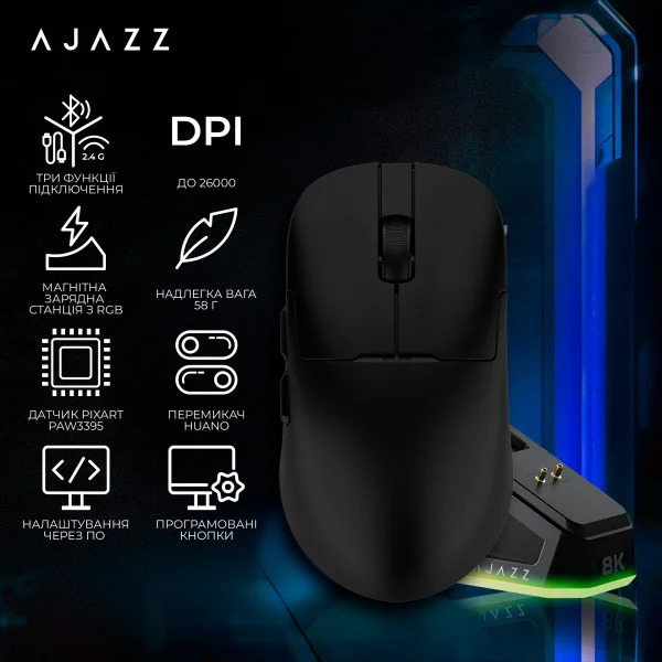 Бездротова миша Ajazz AJ159 Pro 8000Hz із сенсором PixArt 3395 ультралегка