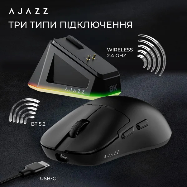 Бездротова миша Ajazz AJ159 Pro 8000Hz із сенсором PixArt 3395 ультралегка