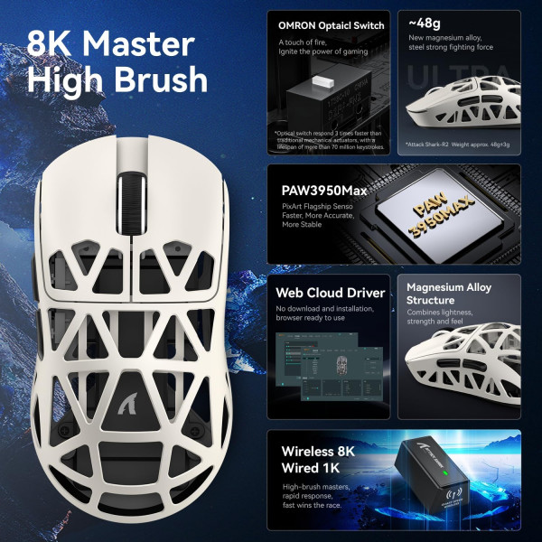 Ігрова миша ATTACK SHARK R2 Magnesium Alloy з сенсором PixArt 3950 та частотою 8K