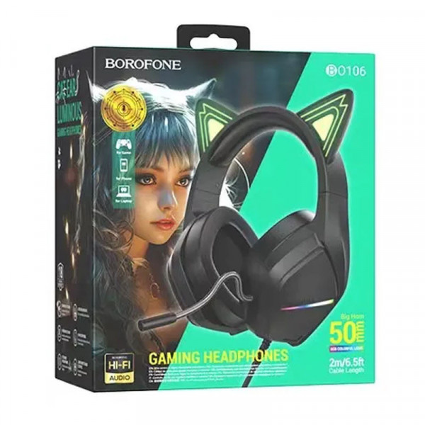 Геймерські навушники BOROFONE BO106 Cute cat з LED-підсвіткою, мікрофоном та котячими вушками