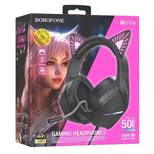 Геймерські навушники BOROFONE BO106 Cute cat з LED-підсвіткою, мікрофоном та котячими вушками