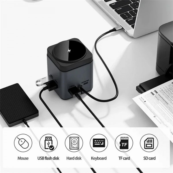 Беспроводное зарядное устройство + HUB WIWU Wi-W025 Cube 9in1 USB-C
