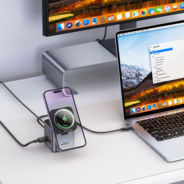 Перехідник HUB HOCO HB49 Effortless 9in1 100W з бездротовою зарядкою