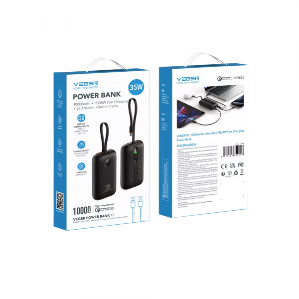Зовнішній акумулятор VEGER 10000 mAh with built-in cables Type C / Lightning PD QC3.0 35W K1 (W1188) black