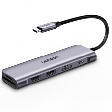 USB hub UGREEN USB-C 6в1 на 2 порти USB 3.0-A, з HDMI-виходом, картридером SD/TF та PD-портом