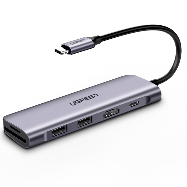 USB hub UGREEN USB-C 6в1 на 2 порти USB 3.0-A, з HDMI-виходом, картридером SD/TF та PD-портом