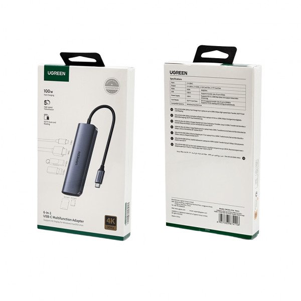 USB hub UGREEN USB-C 6в1 на 2 порти USB 3.0-A, з HDMI-виходом, картридером SD/TF та PD-портом