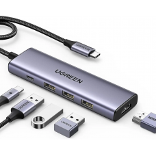 USB hub UGREEN CM511 USB-C 5в1 на 3 порти USB 3.0-A, з HDMI-виходом та PD-портом
