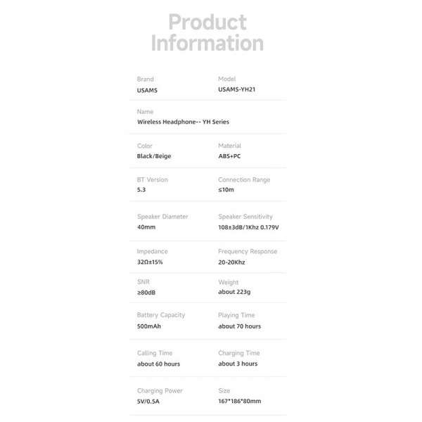 Бездротові навушники USAMS-YH21 YH Series з Hi-Res Audio та мікрофоном