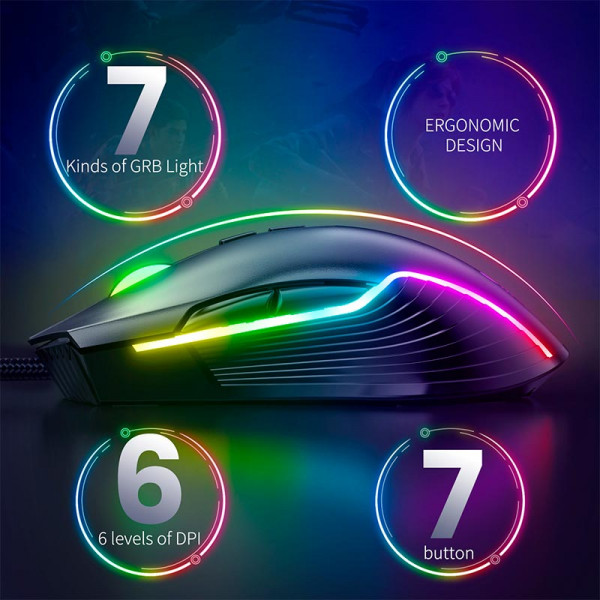 Игровая мышь ONIKUMA CW905 проводная с RGB-подсветкой DPI 6400 и бесшумными кнопками