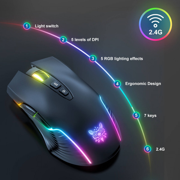 Игровая мышь ONIKUMA CW905 беспроводная с RGB-подсветкой и бесшумными кнопками DPI 6400