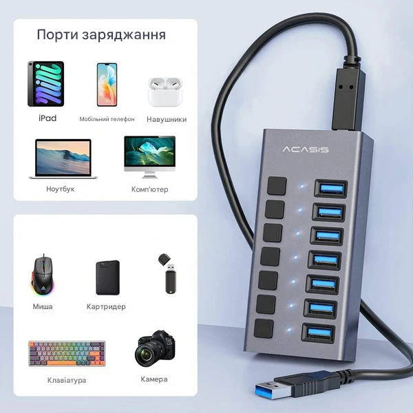 USB hub Acasis H707 на 7 портов USB 3.1 с отдельными переключателями