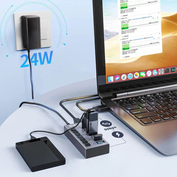 USB hub Acasis H707 на 7 портов USB 3.1 с отдельными переключателями