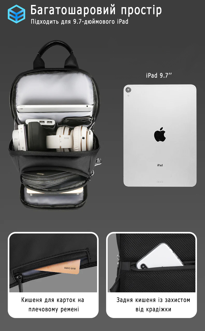 Рюкзак на одне плече Mark Ryden MR7618 з ортопедичною спинкою та USB-портом