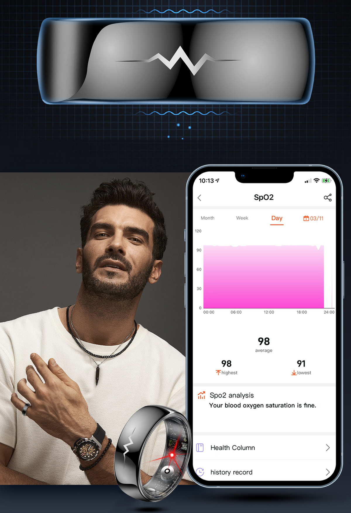 Смарт-кольцо Q520 с зарядным футляром, размер 10 Black