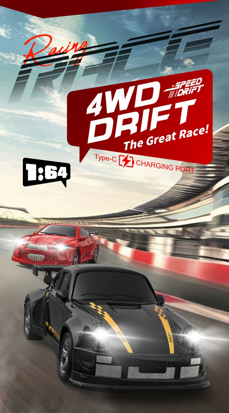 Дрифт машинка на радиоуправлении RC Drift car KF20 1:64 4WD с LED-подсветкой и быстрой зарядкой