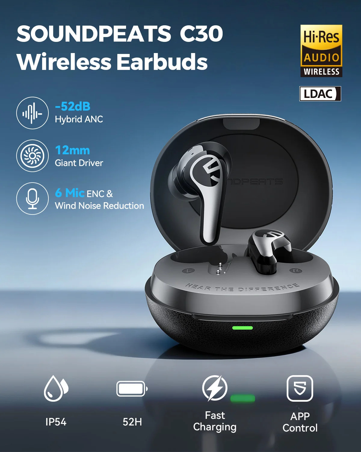 Бездротові навушники TWS SOUNDPEATS C30 з гібридним шумозаглушенням ANC та Hi-Res Audio 