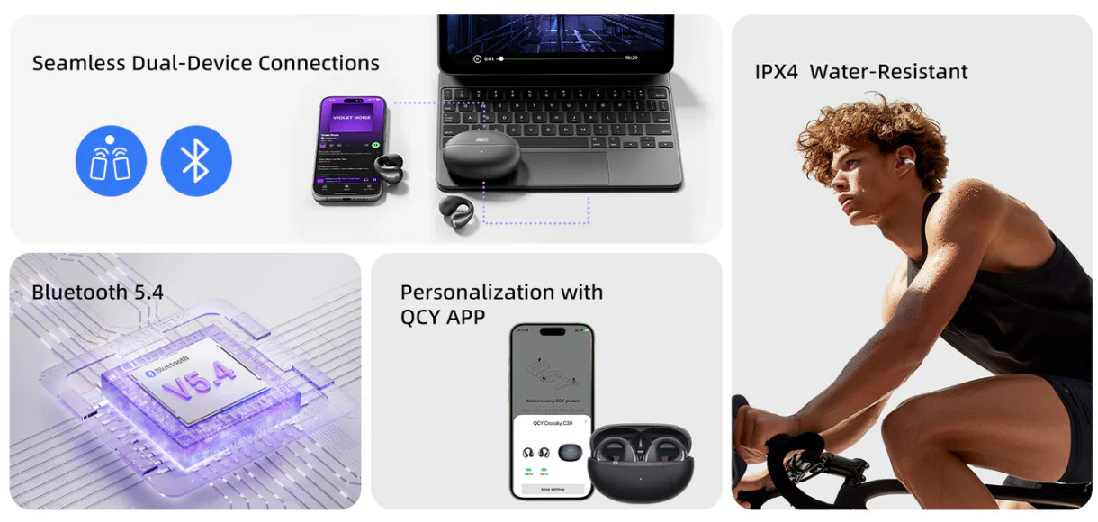 Открытые беспроводные наушники QCY Crossky C30 с пространственным звуком и стабильной OWS-посадкой