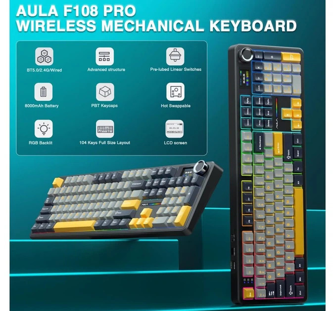 Механічна ігрова клавіатура AULA F108 Pro з TFT-дисплеєм та RGB-підсвіткою