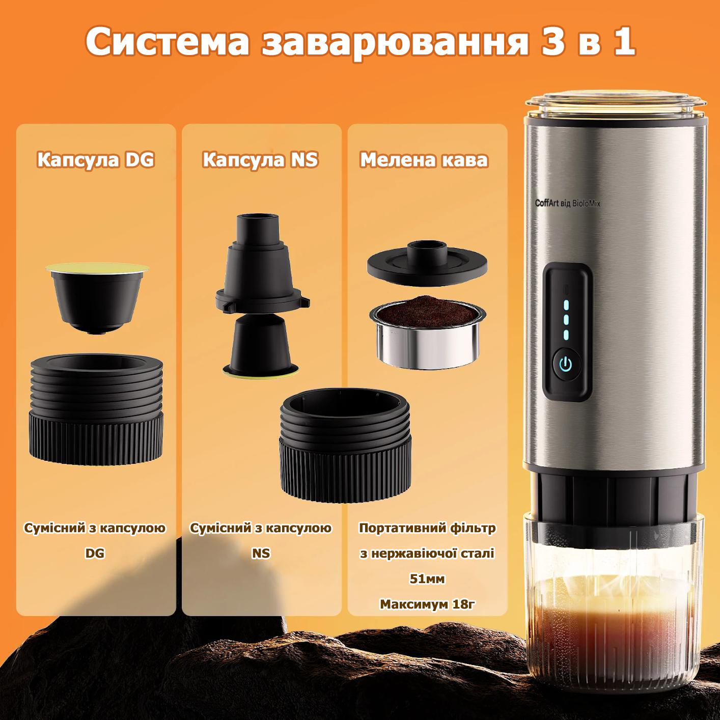 Портативна кавоварка BioloMix WY-007 3-в-1 для справжнього еспресо будь-де