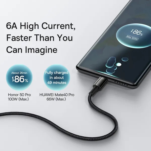 Кабель Baseus Tungsten Gold USB-A to Type-C 2 м, 100W для швидкої зарядки та синхронізації даних