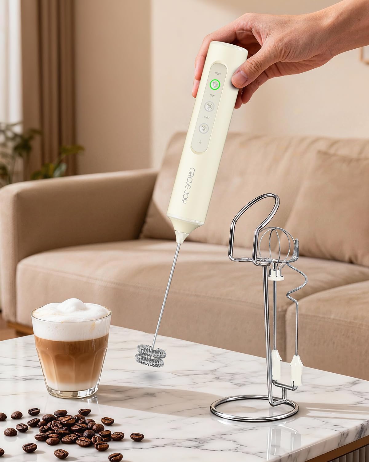 Акумуляторний спінювач молока CIRCLE JOY Milk Frothe з 3 знімними вінчиками та базою для зберігання