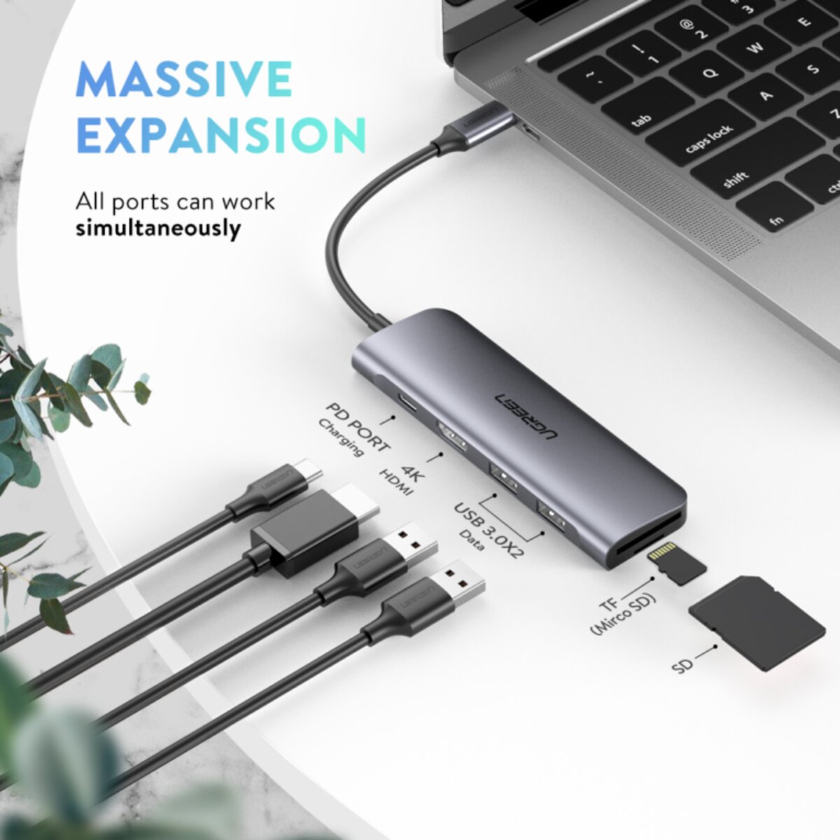 USB hub UGREEN USB-C 6в1 на 2 порти USB 3.0-A, з HDMI-виходом, картридером SD/TF та PD-портом