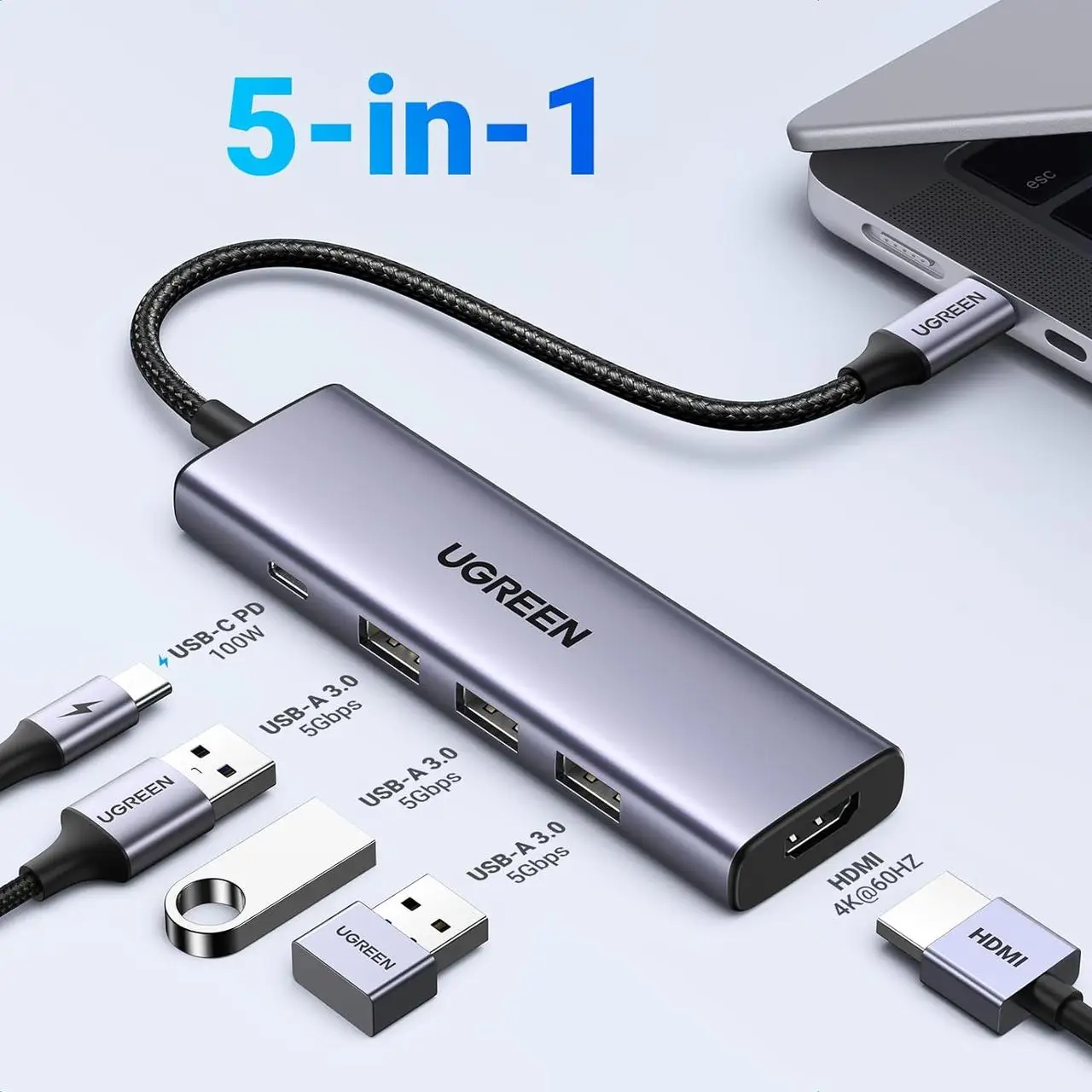 USB hub UGREEN CM511 USB-C 5в1 на 3 порти USB 3.0-A, з HDMI-виходом та PD-портом